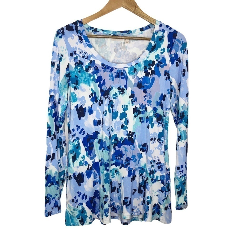 New Logo by Lori Goldstein Printed Rayon 230 Scoop Neck Top New Blue NWOT - Picture 2 of 9
